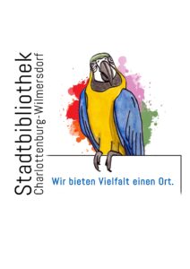 Logo der Stadtbibliothek Charlottenburg-Wilmersdorf: bunter Papagei mit dem Namen der Stadtbibliothek sowie dem Motto "Wir bieten Vielfalt einen Ort."